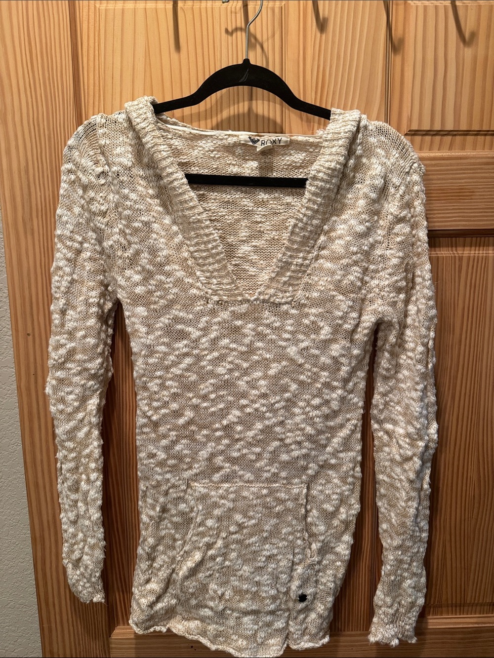 Roxy Cream Knit V-Neck Pullover Hoodie
